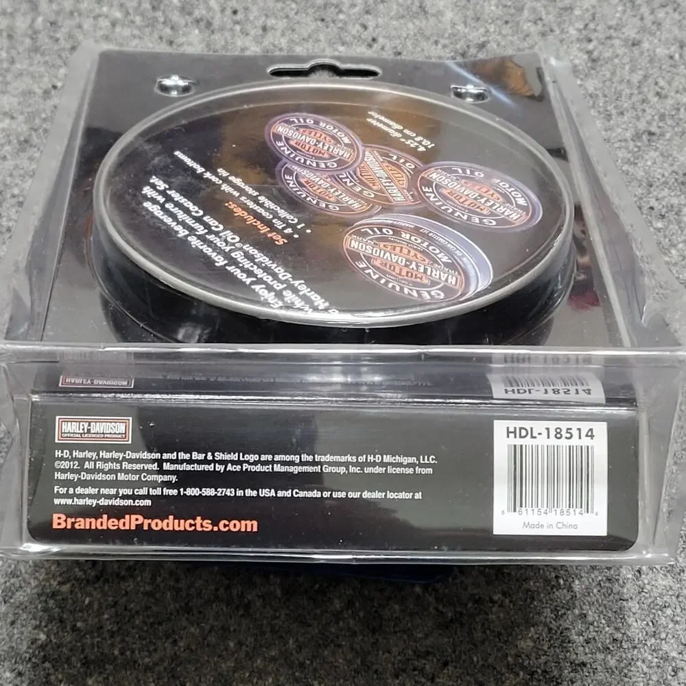 Harley Davidson Oil Can Coaster Set Of 4 Cork Bottom With Storage Tin